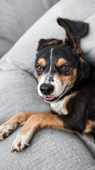 Obraz premium relaxed tri- dog rests on a gray fabric surface.
