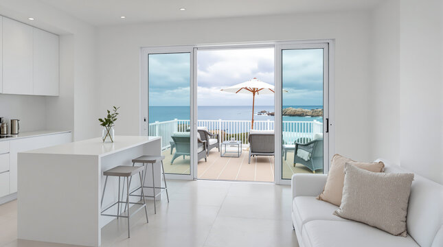 modern living space with stunning ocean view from glass doors