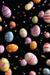 Colorful Easter eggs falling against a black background with confetti, creating a festive atmosphere