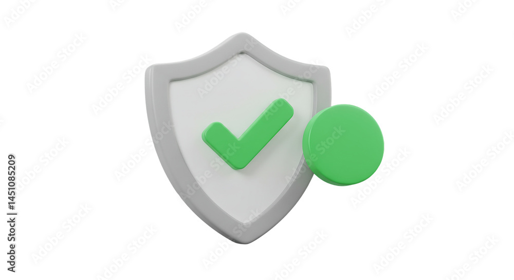 Poster a rendered shield with a green check mark and a green circle on a black background isolated