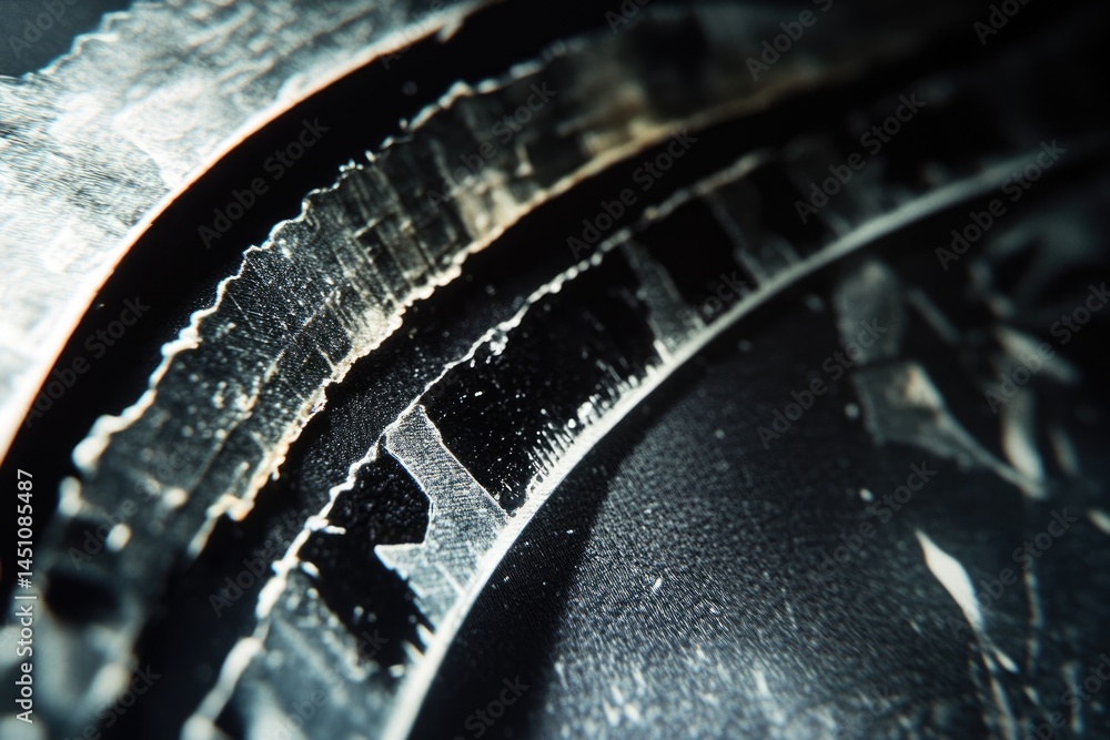 Poster abstract close-up of textured, layered material with circular shapes and contrasting dark and light 