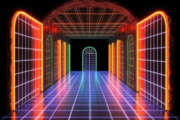 Fototapeta premium Neon-lit arched corridor with gridded floor. Colorful glowing doors and arches create a futuristic, retro atmosphere
