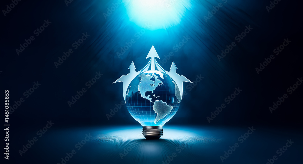 Poster a glowing lightbulb encases a world map, with three upward-pointing arrows symbolizing global growth