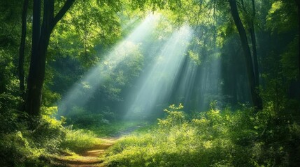 Sunbeams Illuminating a Mystical Forest Path