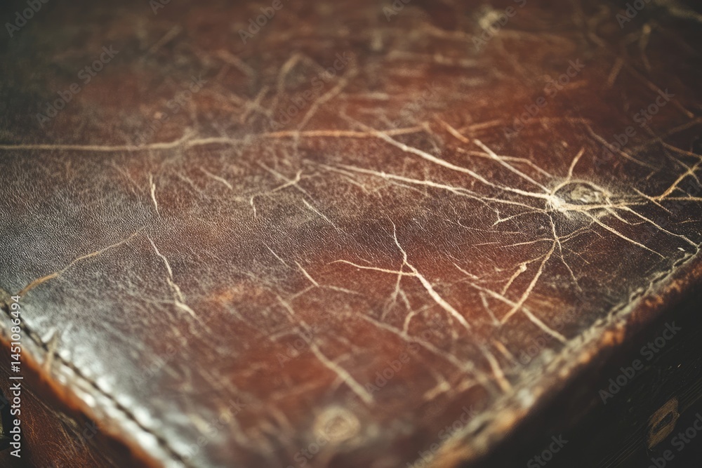 Poster a close-up image shows a well-worn and distressed leather surface with a complex network of cracks a