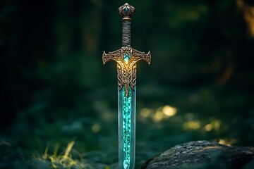 Enchanted Sword in Mystic Forest: A Fantasy Realm
