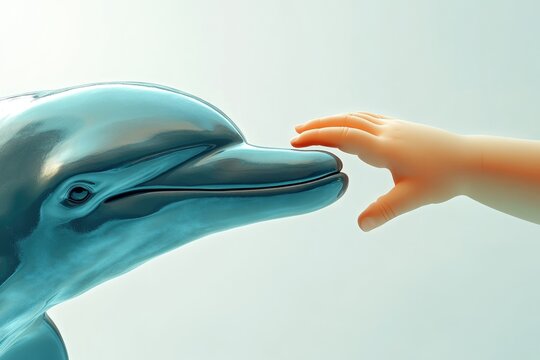 A child's hand gently touches a sleek, metallic blue dolphin sculpture against a clean, bright background, creating a sense of wonder and connection.