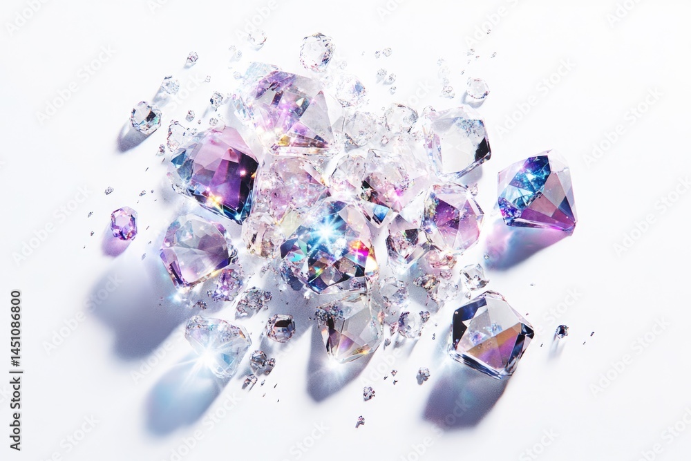 Poster a collection of shimmering diamonds with mesmerizing iridescent colors, scattered on a pristine whit