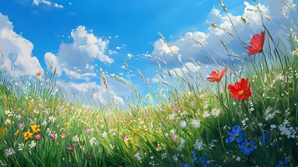 Vibrant meadow scene under a summer sky.