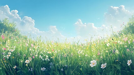Lush meadow field with vibrant wildflowers under a brilliant sky.
