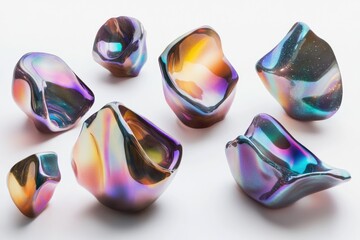 Iridescent glass sculptures catch light, displaying vibrant hues in organic, asymmetrical forms against a crisp white backdrop, radiating modern artistic flair.