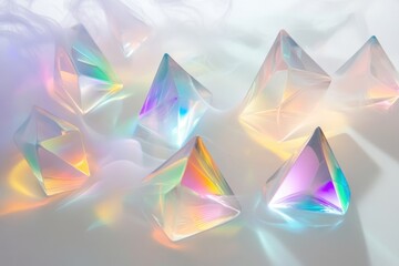 Abstract array of translucent prisms scatters rainbow light in a dreamy, ethereal composition with soft focus and hazy background.
