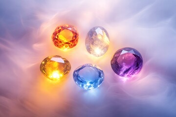 Five multifaceted gemstones with distinct colors are arranged on a soft, dreamy background with ethereal lighting and artistic presentation.