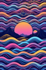 Colorful Abstract Wavy Landscape with Sun