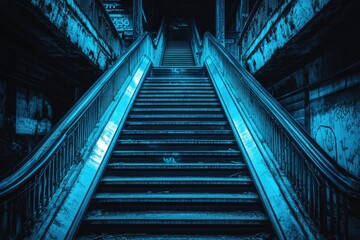 Abandoned escalator in dimly lit, decaying interior.  Visible graffiti and worn metal