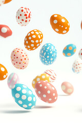 Colorful polka-dotted eggs floating in mid-air against a soft white background, evoking festive joy
