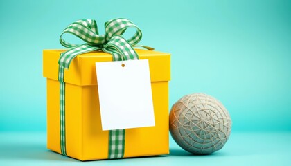 Yellow gift box, green checkered ribbon, textured round item, turquoise background, photography, pattern