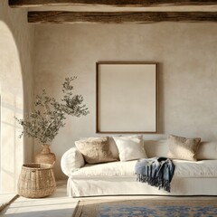 A white couch with pillows and a blue blanket on it. A vase with an olive tree in it sits on the floor
