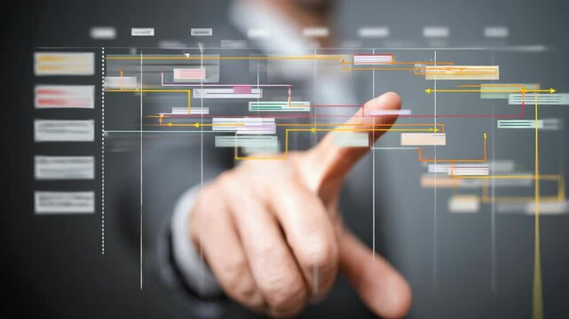 Close-up of person in suit pointing at business process schedule on screen, planning workflow timeline with colorful diagram