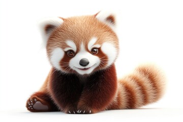 Fototapeta premium A charming red panda cub sits attentively against a clean white background, looking adorable with its fluffy fur and endearing eyes.