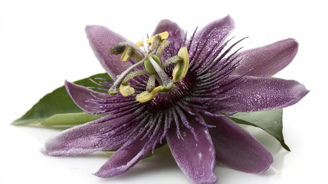Dramatic close-up of a beautiful purple passion flower with its intricate details on a clean white background, showcasing delicate petals.