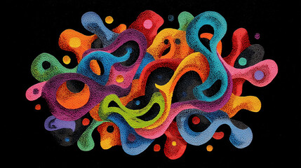 Joyful coloful shapes emerging from quantum foam. They disapear and the reemerge. Abstract art. Black background