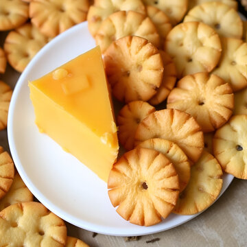 A symphony of flavors: sharp cheddar cheese nestled beside crisp crackers, a delightful combination that tantalizes the taste buds.