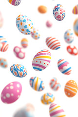 Obraz premium Colorful Easter eggs floating in mid-air, showcasing various patterns and designs, festive ambiance