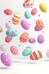 Colorful Easter eggs in various patterns and colors falling against a white background