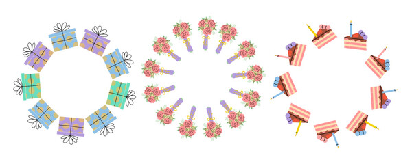 Circular arrangement of gifts, flowers, and cakes for celebration decorations