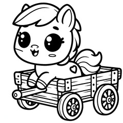 Pony Sitting in Wooden Cart – Cute Coloring Page for Kids