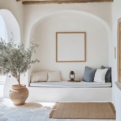 A white bench with a vase of olive trees in front of it. The bench is empty