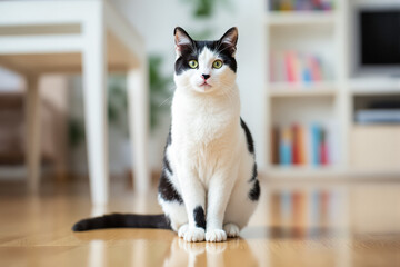captivating black and white tuxedo cat sits on a wooden floor in a bright home setting