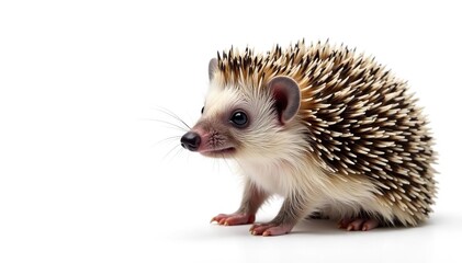 A single hedgehog on pure white, showing detail of spines and fur, macro photography, detail