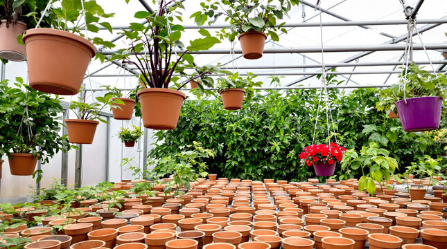 vibrant green plants in terracotta hanging pots inside a greenhouse - Powered by Adobe