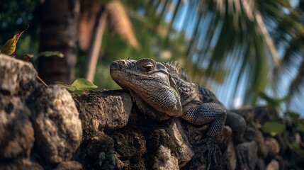 Iguana rests on a stone wall, lush greens behind