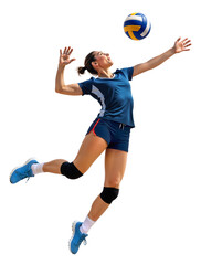 Pro female volleyball athlete mid-jump doing a midair smash on a ball