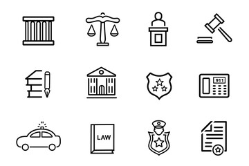 Justice and law line editable vector icons set. Icons related to investigation, law, judgment, criminal, justice law, court legal, lawyer, criminal, prison, authority, defense  etc. 