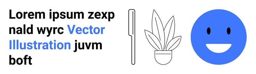 Fototapeta premium Blue happy face, black outline potted plant, vertical pen, and stylish text in a clean layout. Ideal for branding, web design, mindfulness, minimalism, positivity creativity flat landing page