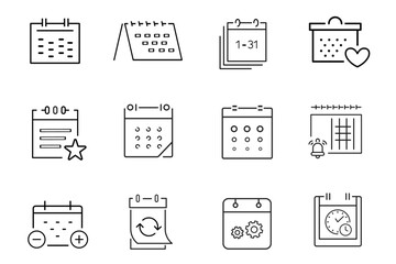 Calendar stroke line editable vector icons set. Icons related to date, schedule, month, week, appointment, agenda, organization, schedule and event. 