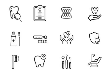 Dental line editable icons set. Icons related to dentist, care, disease, teeth whitening, removal, broken, root canal, tooth filling and wisdom teeth etc. 