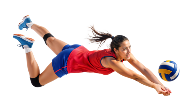 Female volleyball athlete diving for a low save on isolated background