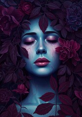 Ethereal floral portrait evoking melancholic beauty through cool tones and expressive rendering, capturing serene sadness and intricate natural elements