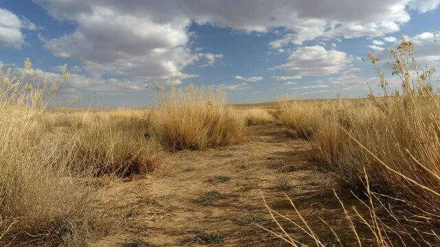 Dry arid grassland landscape of native grasses and dusty earth under a blue cloudy sky on the horizon, panoramic view.