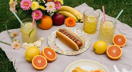 Charming picnic with hot dogs on a floral plate — fresh flowers, fruits and lemonade in a sunny and romantic setting with a light and vibrant atmosphere.