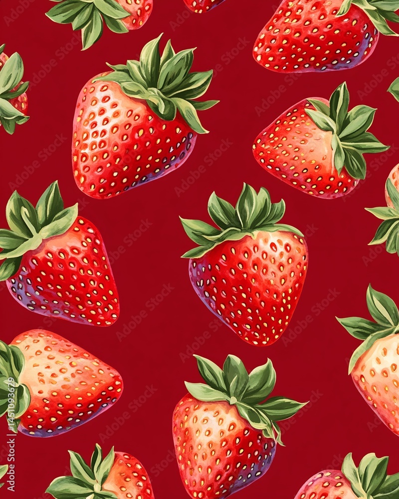 Poster repeating pattern of strawberries on red background