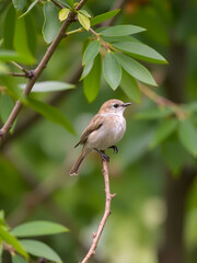 Small Common chiffchaff bird perched atop a thin twig in a lush green tree