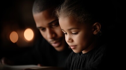 Parent reading book with child, soft lighting creating intimate bonding moment, showcasing familial warmth and emotional connection in peaceful home environment
