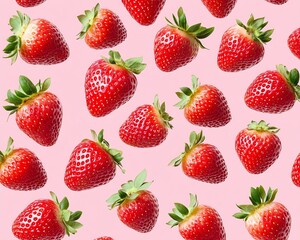 Scattered Strawberries on Pink Background