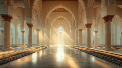 Sunbeams illuminate a grand mosque's interior, showcasing its architectural details, columns, and prayer rugs.